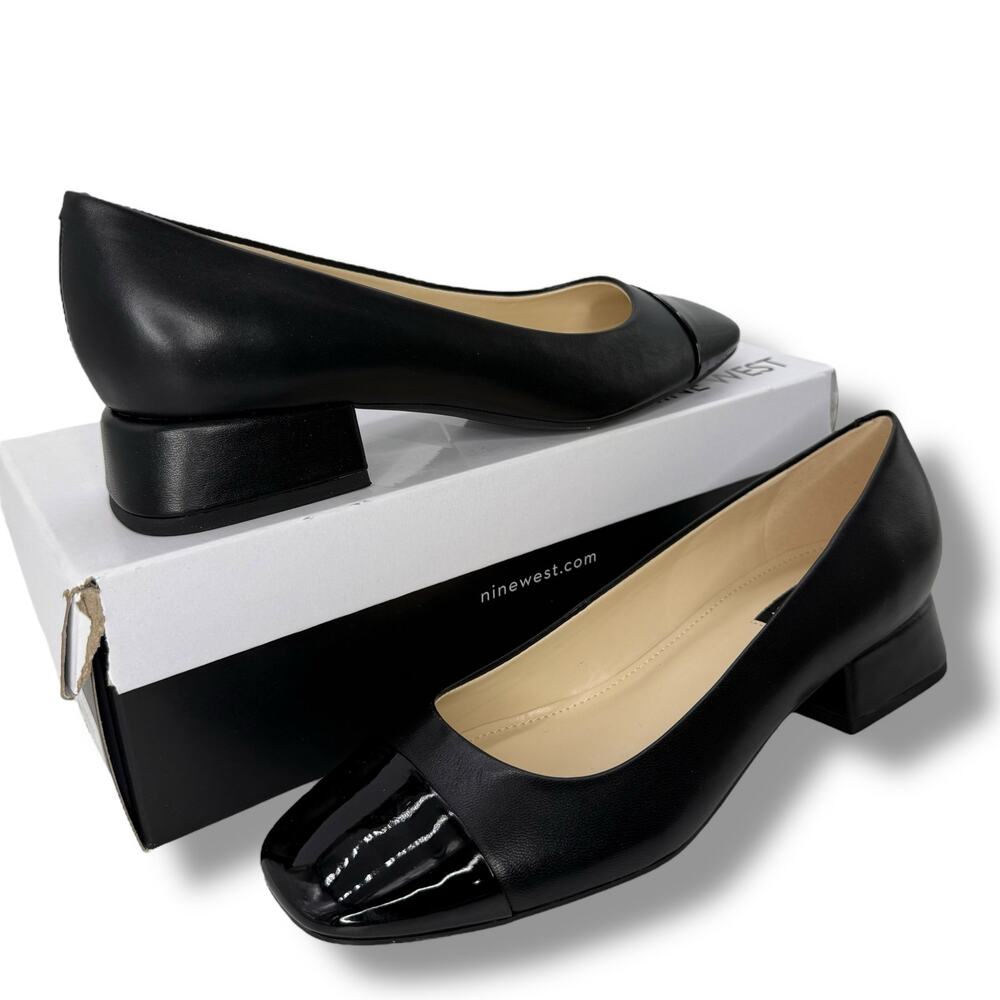 Nine West Black Leather Cap-Toe Low Block Heel Flats - Picture 3 of 11